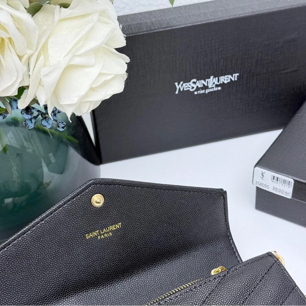Yves Saint Laurent Black Textured Clutch with Gold Chain